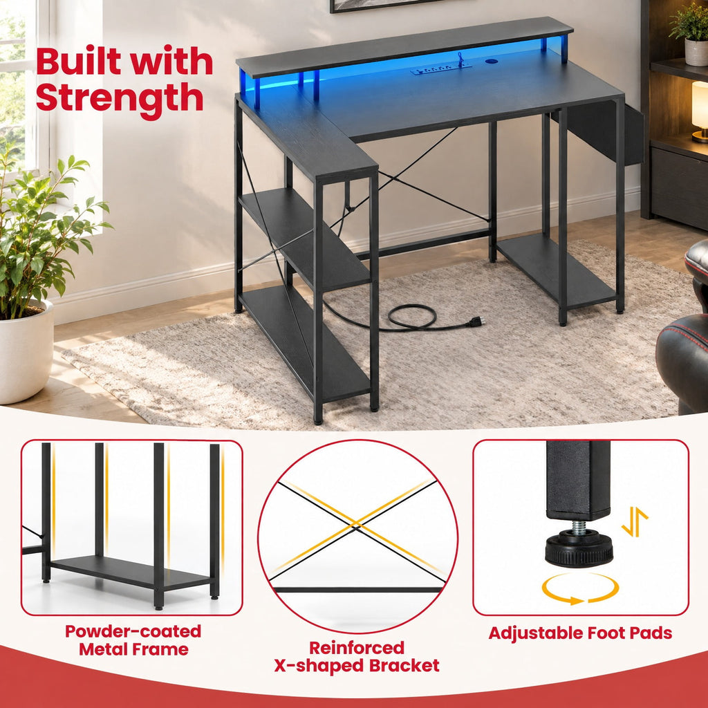 Airfind L-Shaped Gaming Desk with LED Lights and Power Outlets, 200 lbs Capacity, Engineered Wood Metal Frame, 48 x 31.5 x 34.5 Footprint, Black