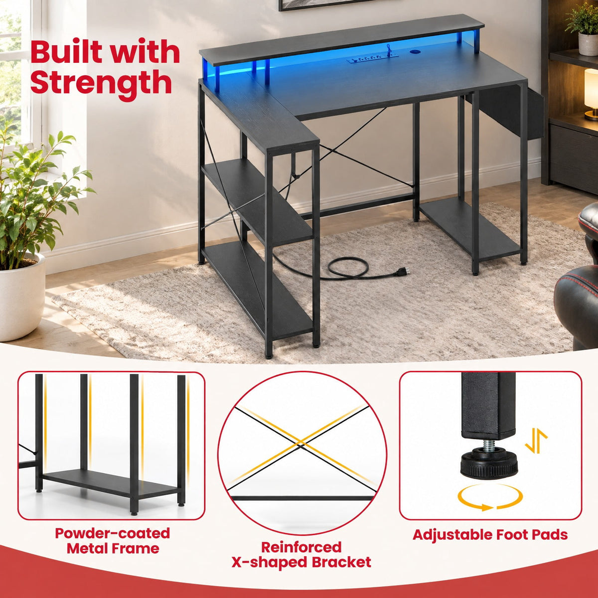 Airfind L-Shaped Gaming Desk with LED Lights and Power Outlets, 200 lbs Capacity, Engineered Wood Metal Frame, 48 x 31.5 x 34.5 Footprint, Black