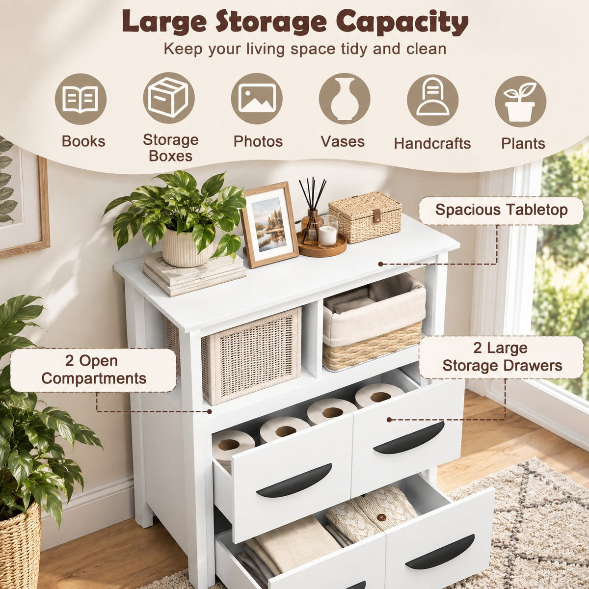 Airfind 24 Inch Floor Cabinet with 2 Open Compartments and 2 Drawers, MDF Engineered Wood Frame, 24in x 12in x 31.5in Footprint, White