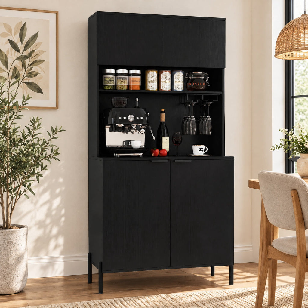 Airfind 64.5 Inches Tall Kitchen Pantry Cabinet with Charging Station and Wine Glass Rack, 90 lbs Capacity, Engineered Wood MDF Metal Frame, Black