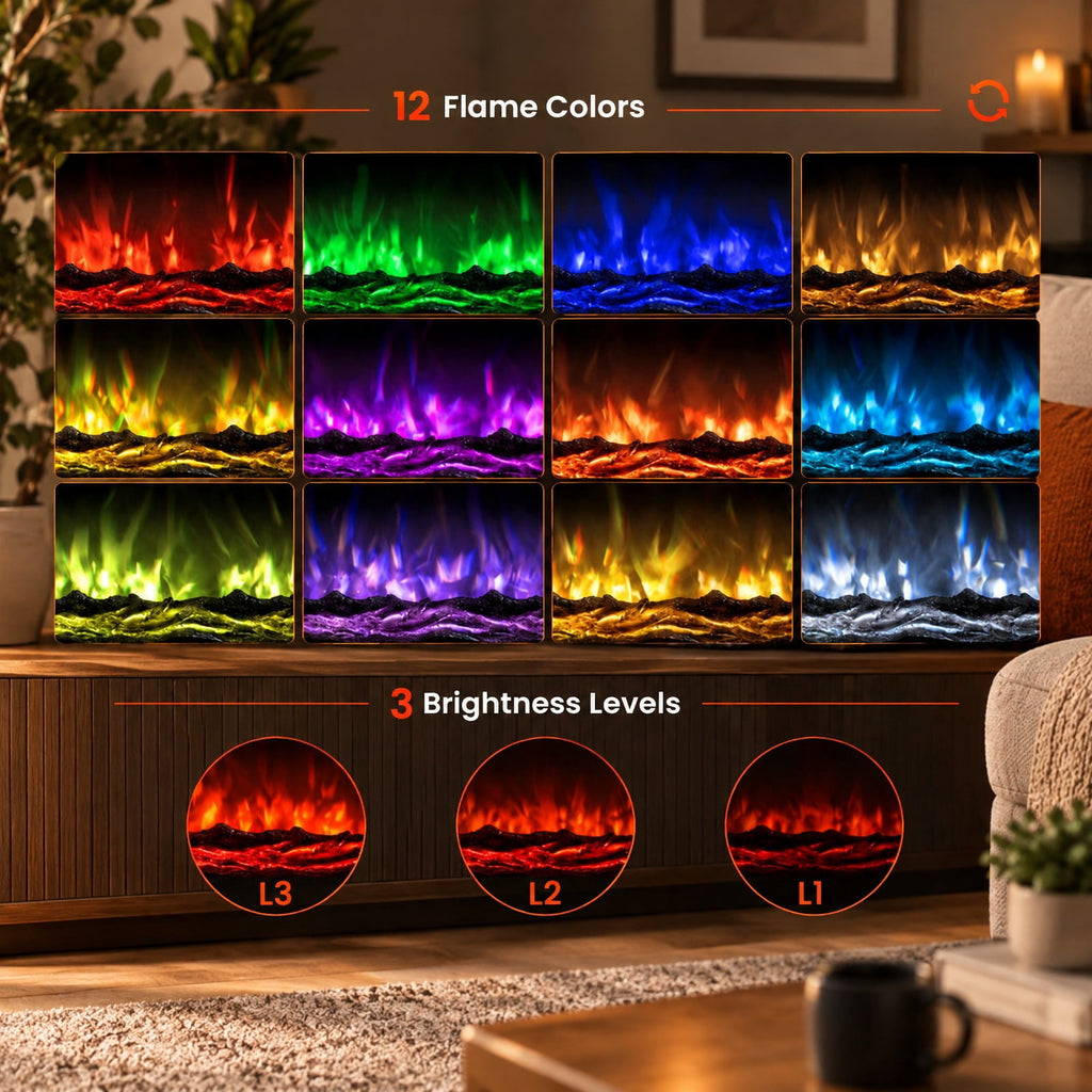 Airfind 36 Inch Recessed Electric Fireplace Heater with Adjustable Flame Colors and Brightness, Metal Tempered Glass 36 inch Frame, Black