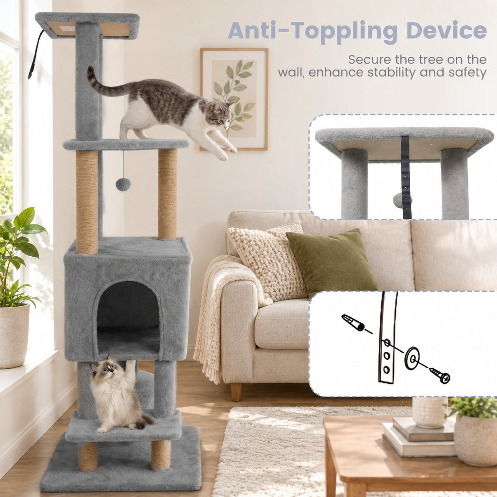 Airfind 64 Inch Tall Cat Tree with 2 Large Condos and Jute Scratching Posts for Indoor Adult Cats, 33 lbs Capacity, Light Grey