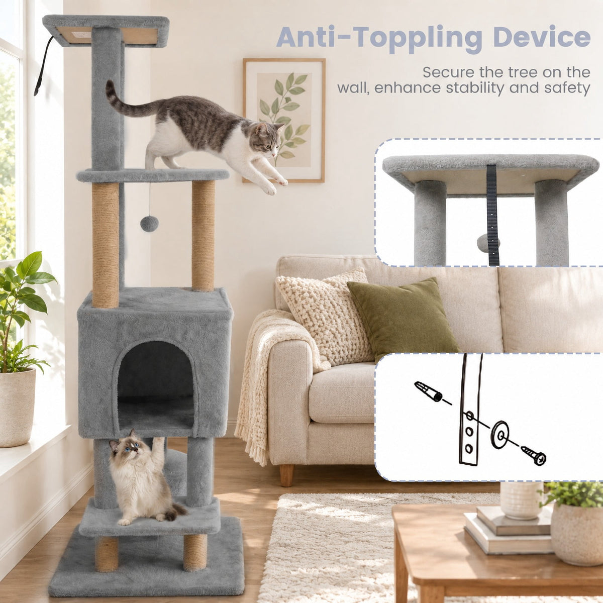 Airfind 64 Inch Tall Cat Tree with 2 Large Condos and Jute Scratching Posts for Indoor Adult Cats, 33 lbs Capacity, Light Grey