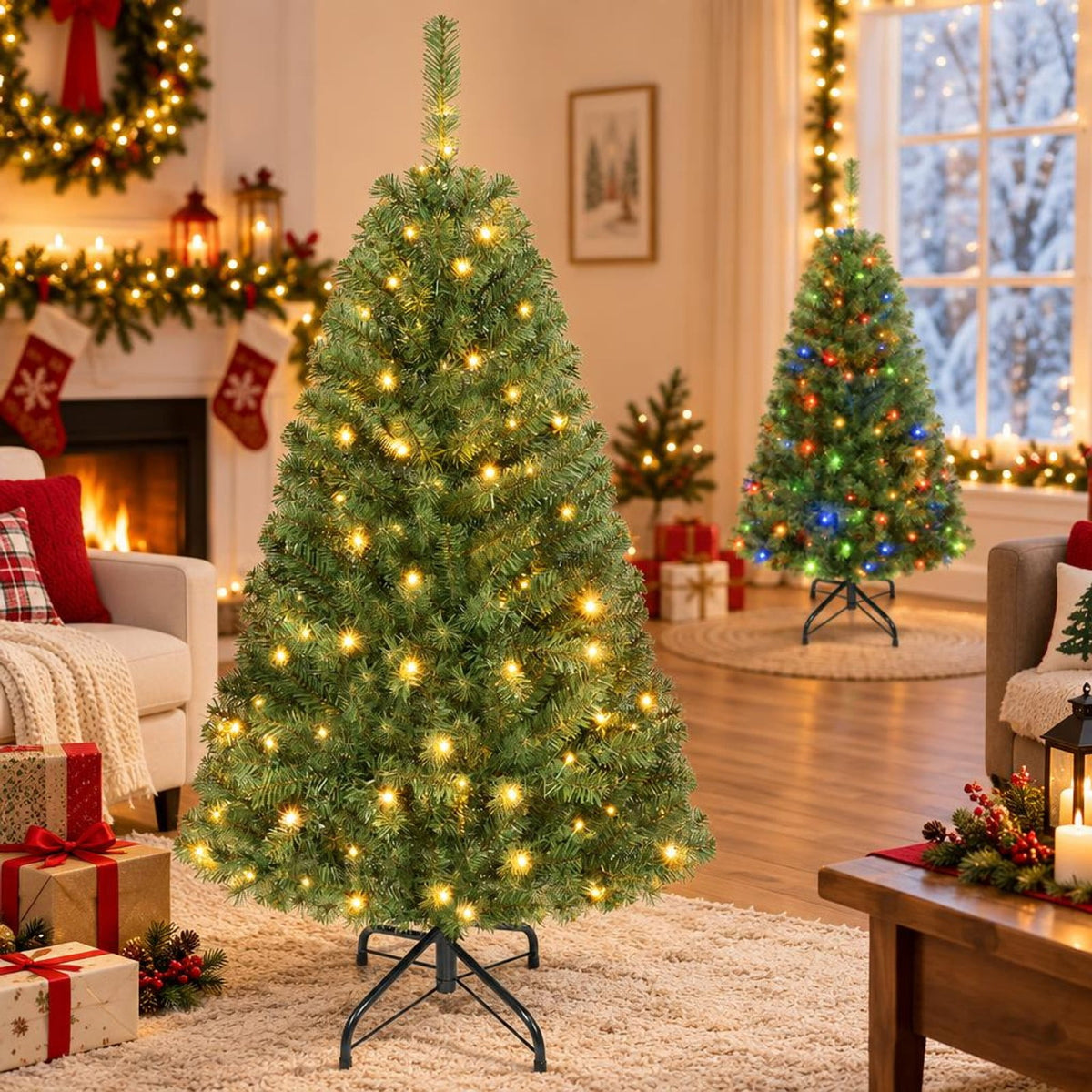 Airfind 5 FT Artificial Christmas Tree with 2 Lighting Colors and Folding Metal Stand, PVC Metal Frame, Green