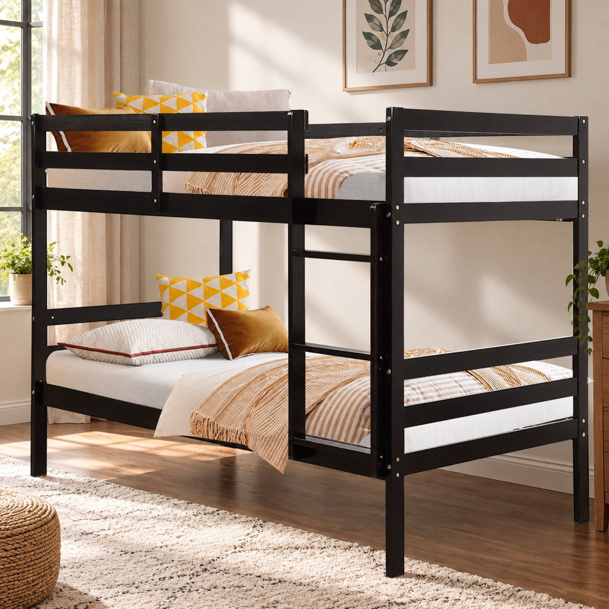 Airfind Twin Bunk Bed Children Wooden Bunk Beds Solid Hardwood, 78 x 42.5 x 60 (L x W x H) (Twin size) Suitable Footprint, Brown