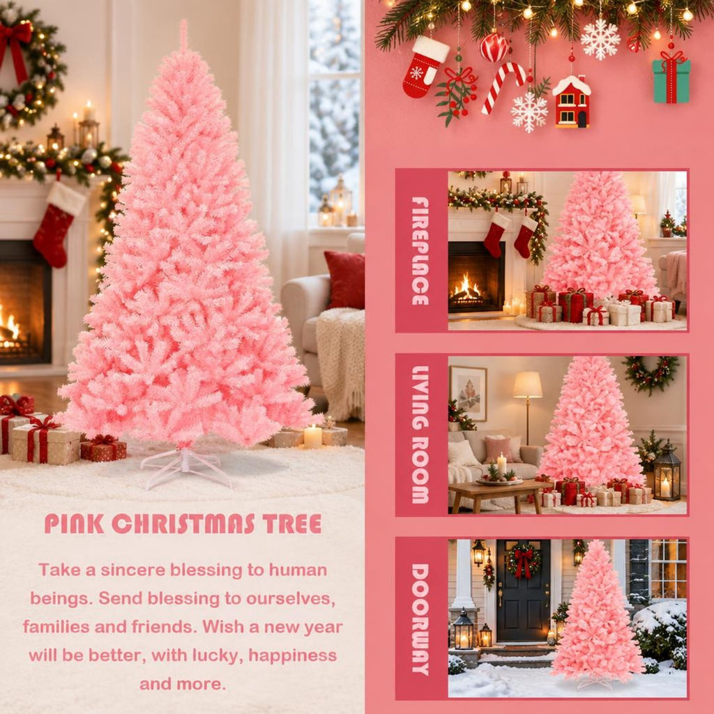 Airfind 7.5 Feet Hinged Artificial Christmas Tree Full Fir Tree, New PVC metal Length:7.5 ft Width:4.3 ft Frame, Pink