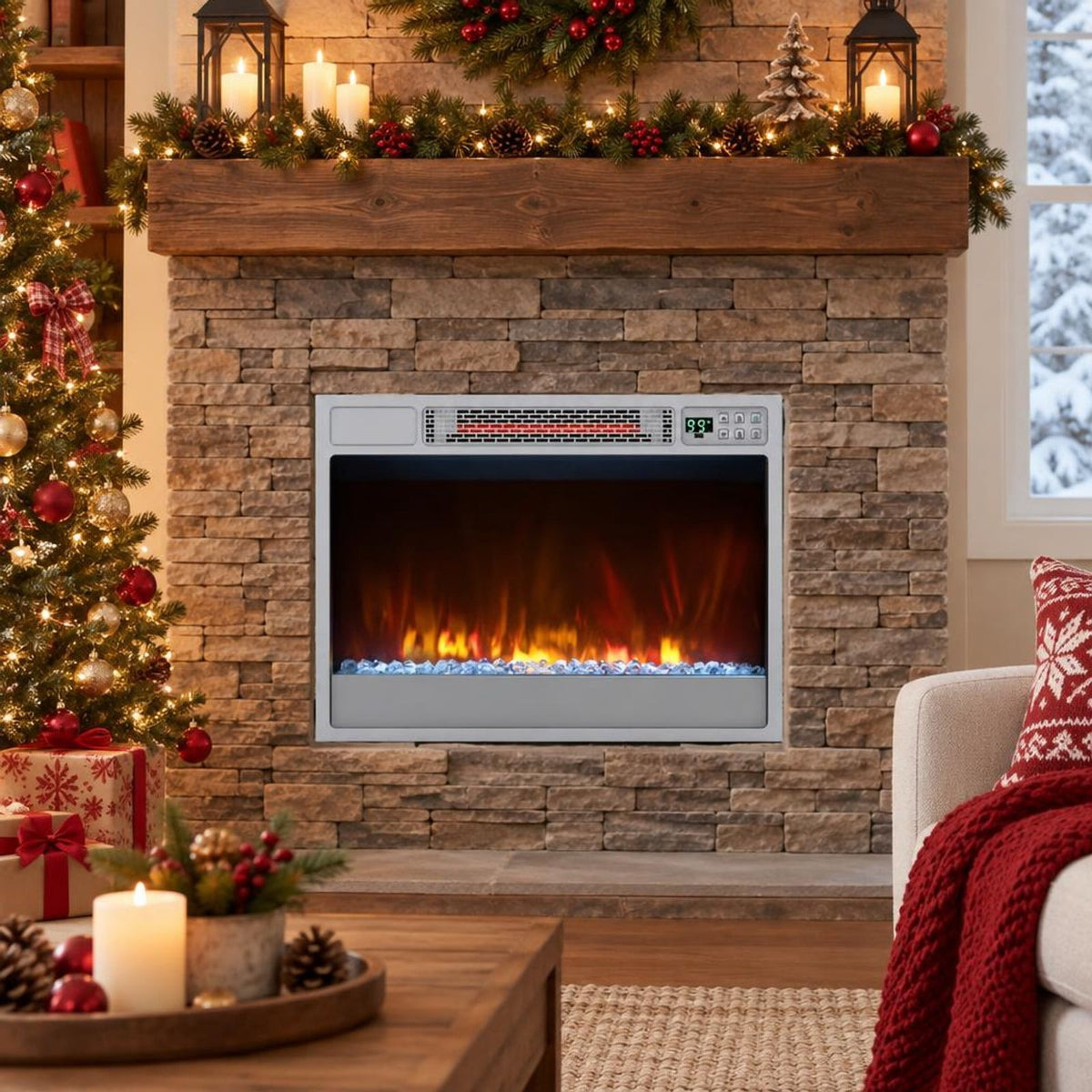 Airfind 23 Inch 1500W Recessed Electric Fireplace Insert with Remote Control, Metal Tempered Glass PS Frame, Silver