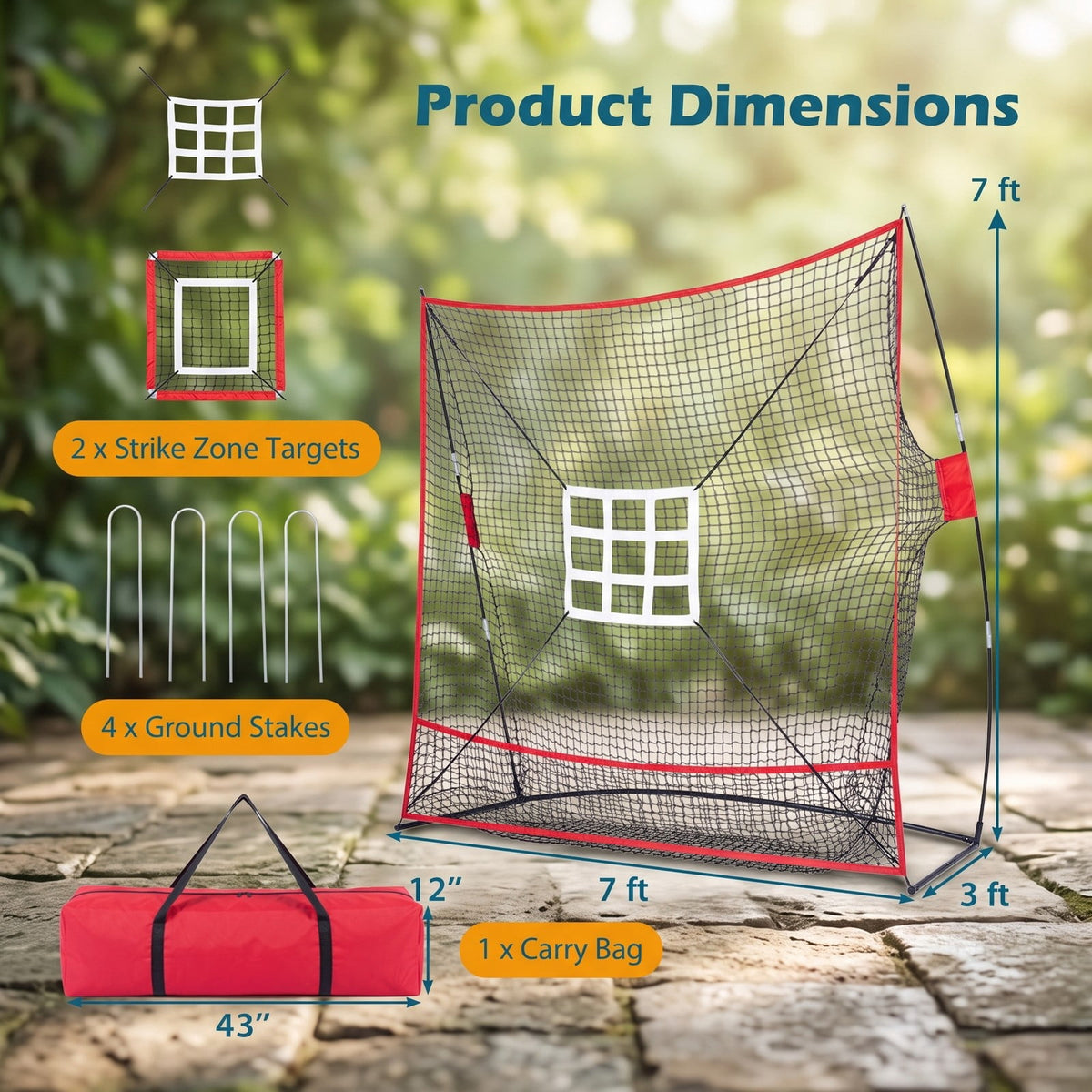 Airfind 7 x 7.4 FT Baseball Practice Net with 2 Strike Zones and Ball Collection System, Portable Pitching Batting Hitting Rebounder for Backyard, Black and Red
