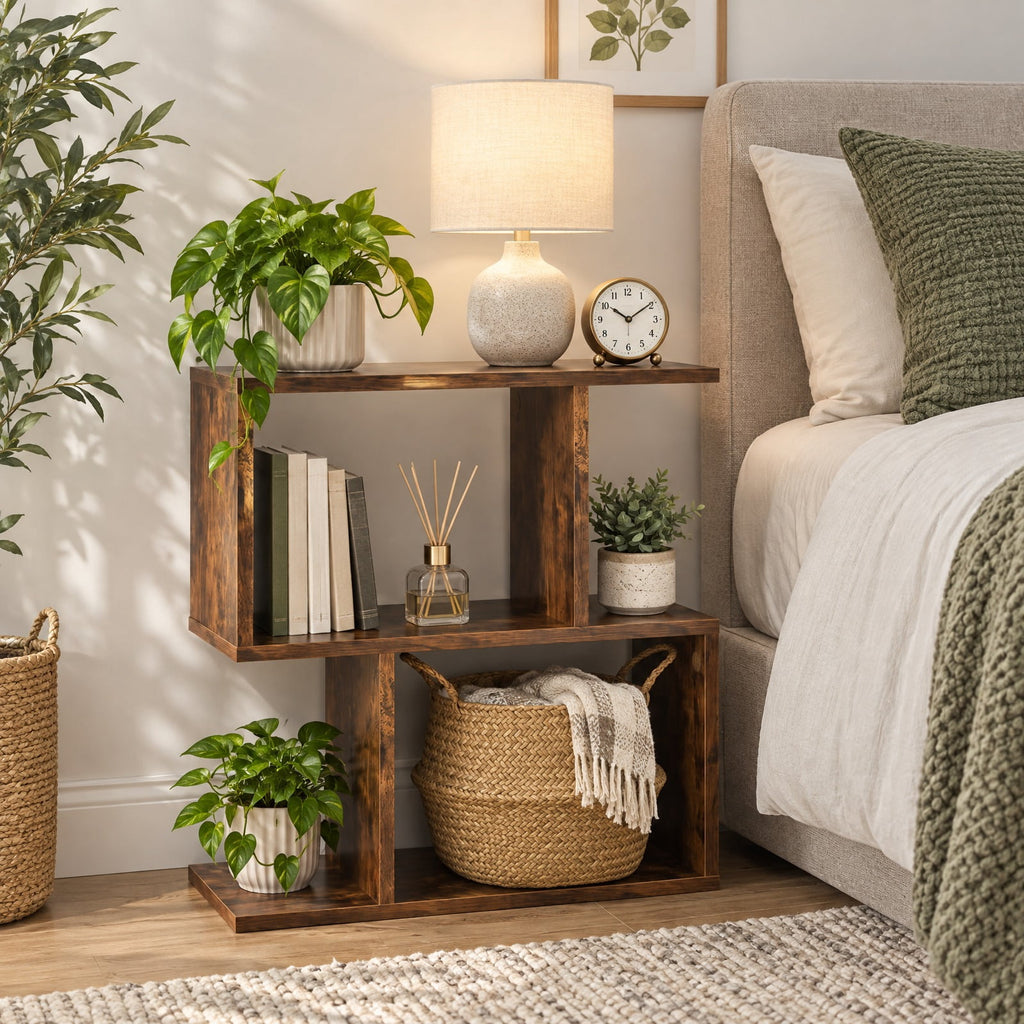 Airfind 24 Inch 3-Tier Geometric Bookshelf with Thick Foot Pads, 44 lbs Capacity, Engineered Wood PVC Frame, 19.5in x 7in x 22in Footprint, Brown