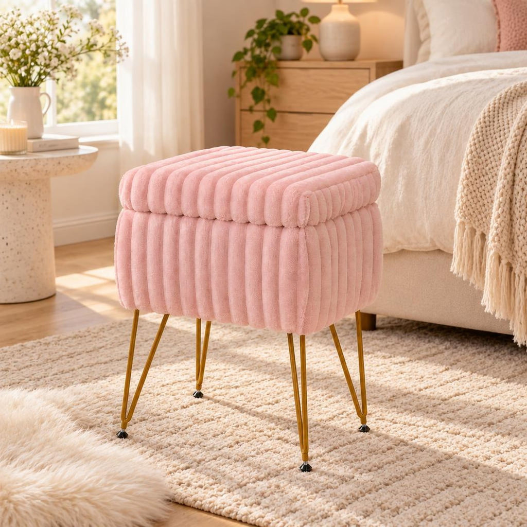 Airfind Vanity Stool with Storage and Reversible Lid Faux Fur Upholstered Ottoman, 16.5 x 13 x 22Lid Footprint, Pink
