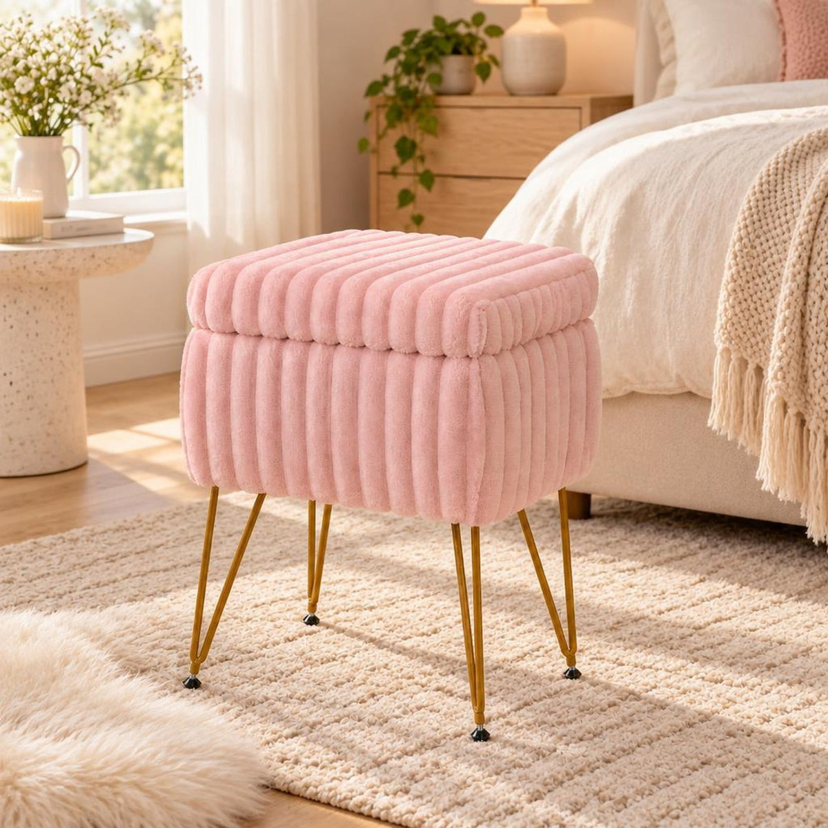 Airfind Vanity Stool with Storage and Reversible Lid Faux Fur Upholstered Ottoman, 16.5 x 13 x 22Lid Footprint, Pink