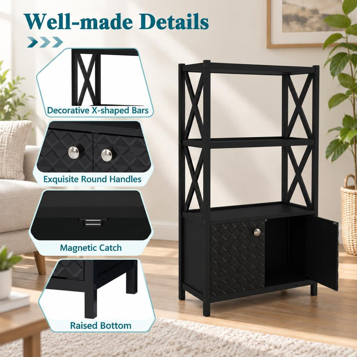 Airfind Bathroom Storage Cabinet with Open Shelves and Double Doors, 88 Lbs Capacity, Rubber Wood Mdf, 25 Inch X 12 Inch X 47 Inch, Black