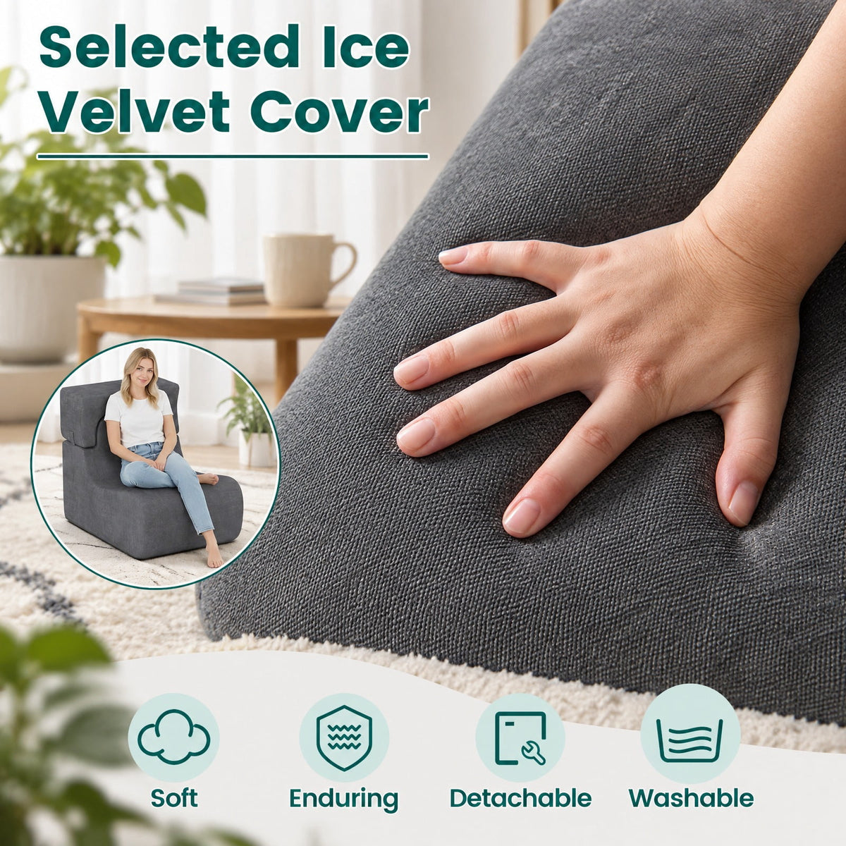 Airfind Floor Chair, Lazy Sofa with Detachable Headrest, 350 lbs Capacity, Ice Velvet Sponge Frame with Functional Design, Gray