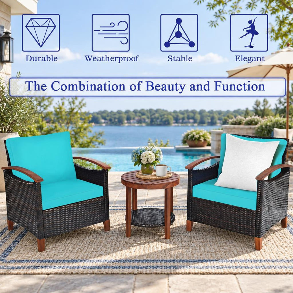 Airfind 3 Pieces Patio Rattan Furniture Set with Washable Cushion and Acacia Wood Tabletop, 360 lbs Capacity, 26 x 27.5 x 31 Footprint, Turquoise