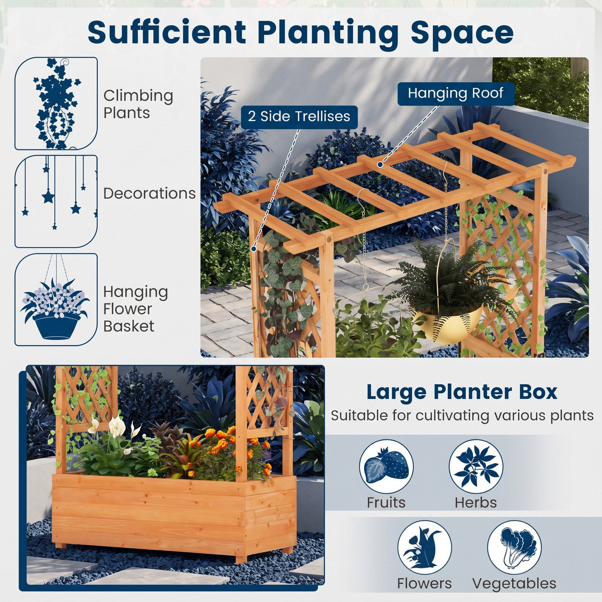 Airfind Raised Garden Bed with Arch Trellis, Fir Wood Frame, 43.5 x 17.5 x 72 (L x W x H) Interior Footprint, Orange