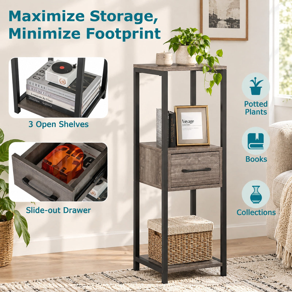 AIRFIND Plant Stand with Three Display Tiers and Storage Drawer, Tall Metal Frame Shelf for Potted Plants, 12 x 12 x 36 in, Gray and Black