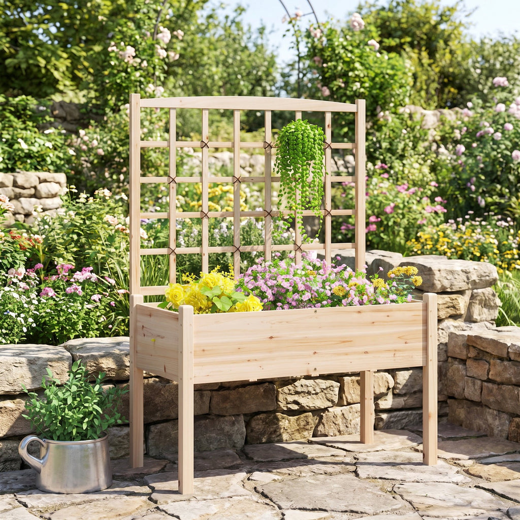Airfind Raised Garden Bed with Lattice Trellis and Drainage Holes Elevated, 176 lbs Capacity, Fir Wood Frame, Natural