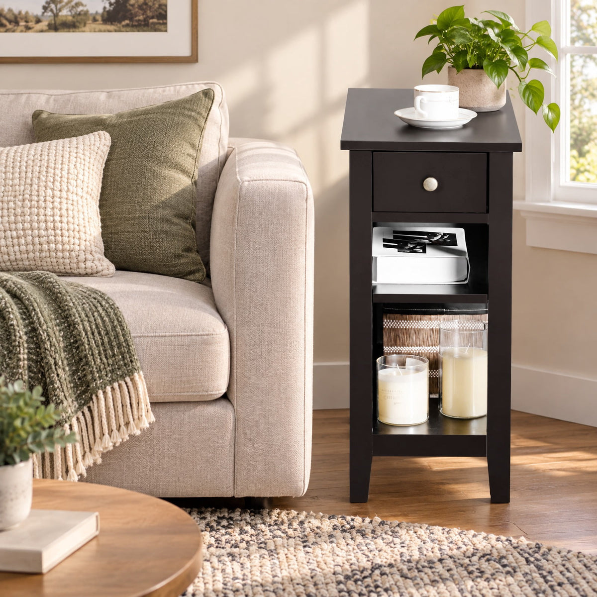 Airfind 3-Tier End Table with Drawer slideway and Double Shelves, 90 lbs Capacity, MDF Frame, 24 Inch x 12 Inch x 24.5 Inch (L x W xH) Drawer Footprint, Brown