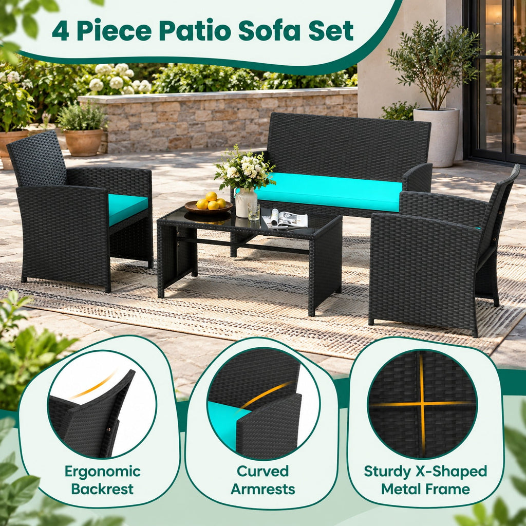 Airfind 4 Pieces Patio Furniture Set with Tempered Glass Tabletop and Removable Cushion, 400 lbs Capacity, Rattan Steel Sponge Frame, Turquoise
