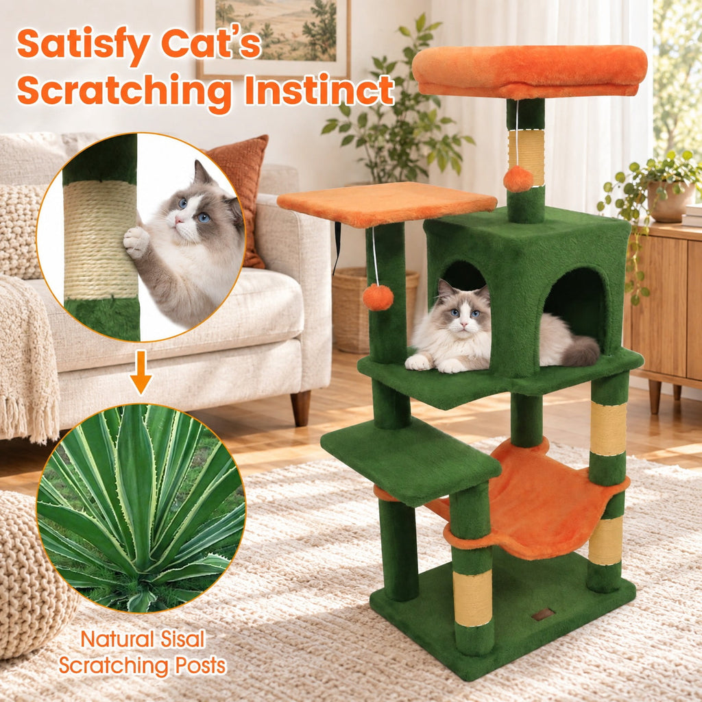 Airfind Multi-Level Cat Tower with 2-Door Condo and Padded Top Perch, PP Cotton Fabric Sisal Engineered Wood Overall Height 44 Base Frame, Green