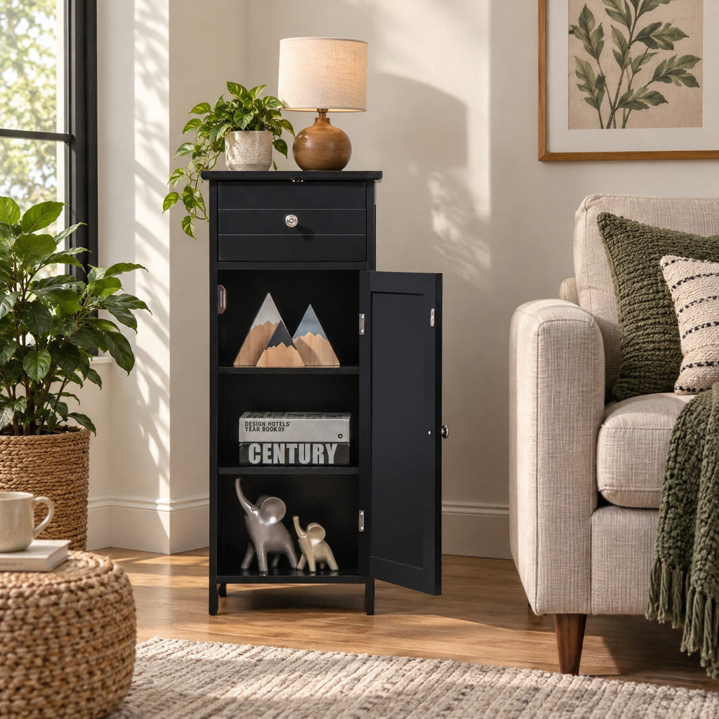 Airfind Wooden Bathroom Floor Storage Cabinet with Drawer and Shelf, 22 lbs Capacity, MDF Frame, 14 Inch x 12 Inch x 34.5 Inch Footprint, Black
