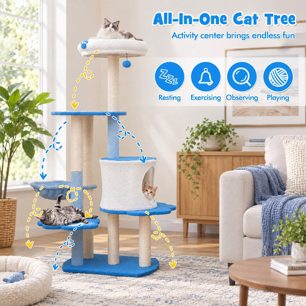 Airfind 54 Inches Tall Modern Cat Tree Tower for Indoor Cats, 22 lbs Capacity, Teddy Plush Fabric Sisal Engineered Board Frame, Blue