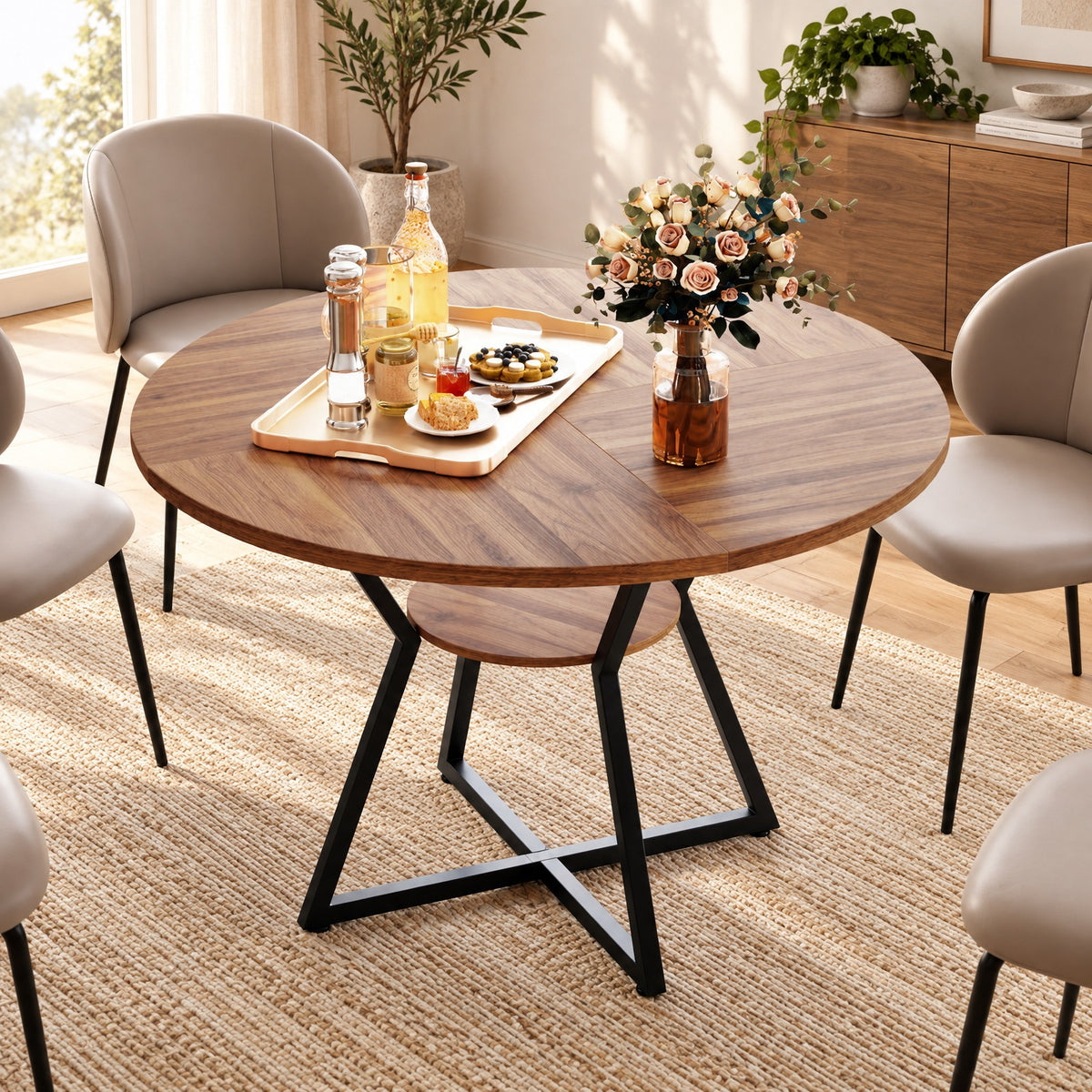 Airfind 47in Round Dining Table for 4 with Storage Shelf, 200 lbs Capacity, MDF Metal Frame, 47in x 30in Footprint, Brown