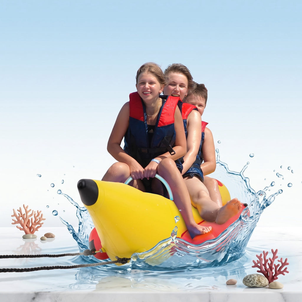 Airfind 3 Person Inflatable Banana Boat with Electric Air Pump Carrying Bag and Repair Kit for Lake and Sea Towing, Red and Yellow