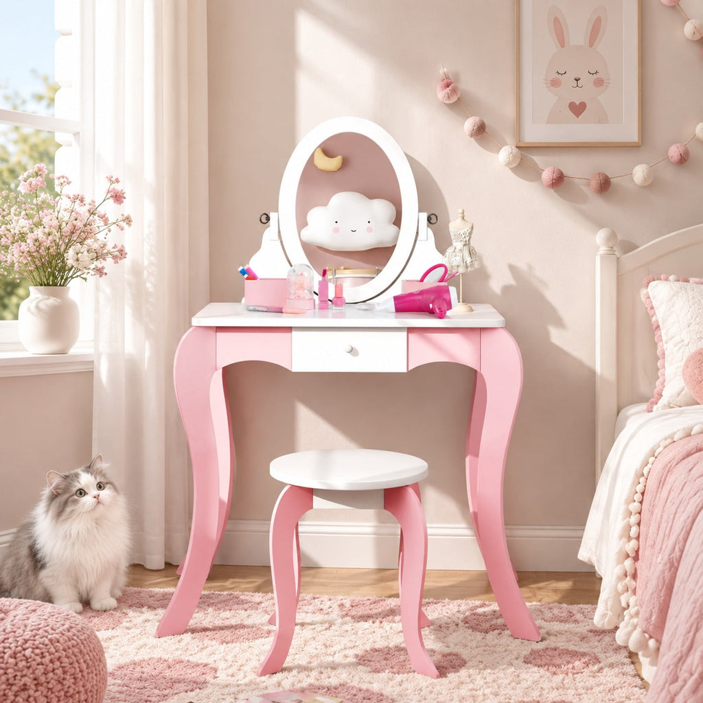 Airfind Pretend Kids Vanity Set with 360° Rotatable Mirror and Play Accessories, 66 lbs Capacity, MDF Acrylic Frame, 24 x 13.5 x 40 Footprint