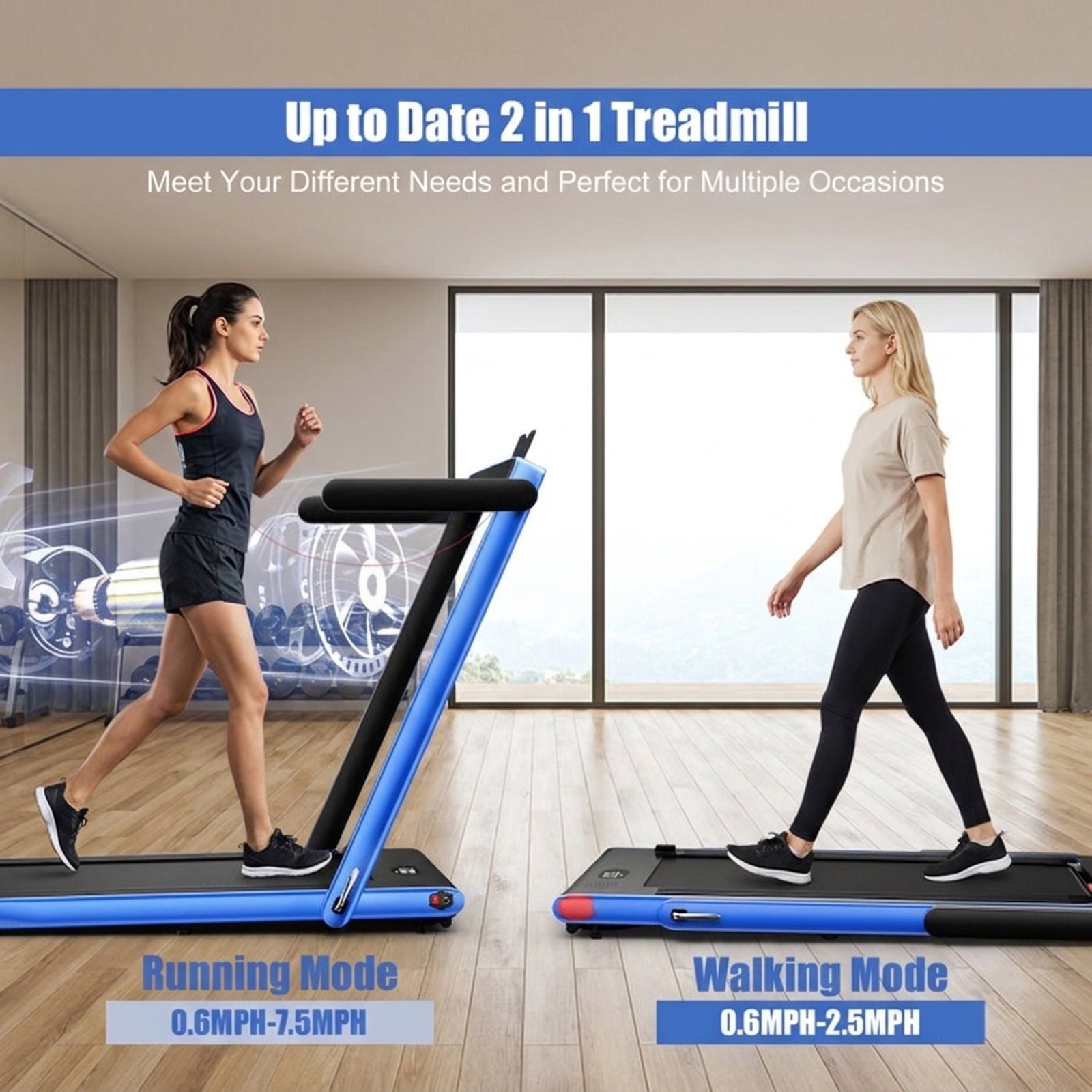Airfind 2.25HP 2-in-1 Walk-to-Run Folding Treadmill with APP Sync Audio Console, Navy