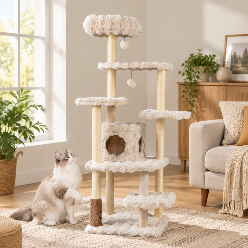 Airfind 67 Inch Multi-level Cat Tree with Large Cat Condo and Padded Perch, 22 lbs Capacity, Polyester Fabric PP Cotton Sisal Engineered Wood Frame