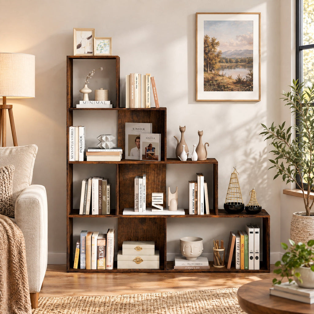 Airfind 4-Tier Stepped Bookshelf Freestanding Ladder Storage Shelf with 6 Cubes, 400 lbs Capacity, Engineered Wood Frame, 60in x 11in x 64in Footprint