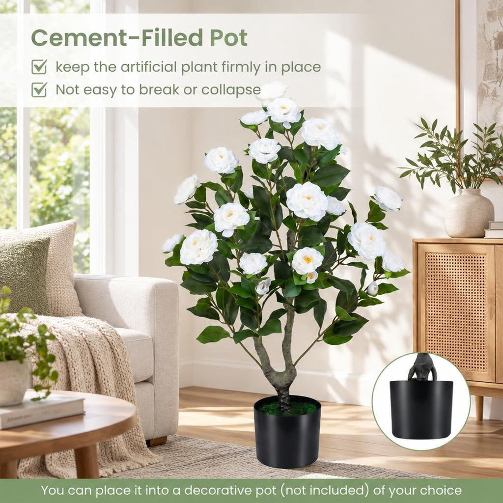 Airfind 2-Pack Artificial Camellia Tree Faux Flower Plant in Cement-Filled Pot, White, offers excellent stability and balance