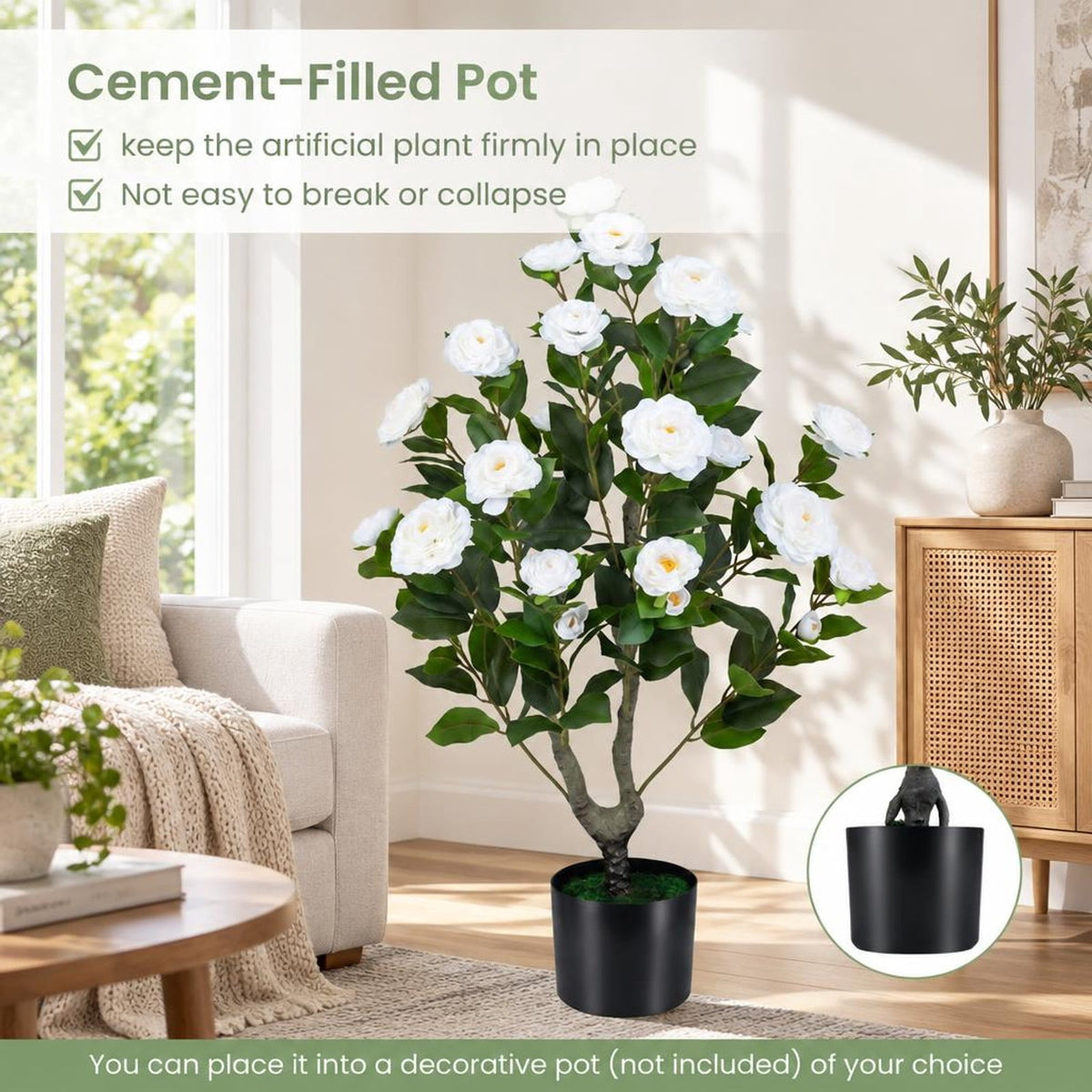 Airfind 2-Pack Artificial Camellia Tree Faux Flower Plant in Cement-Filled Pot, White, offers excellent stability and balance