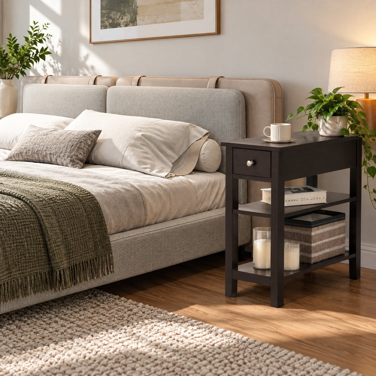 Airfind 3-Tier End Table with Drawer slideway and Double Shelves, 90 lbs Capacity, MDF Frame, 24 Inch x 12 Inch x 24.5 Inch (L x W xH) Drawer Footprint, Brown