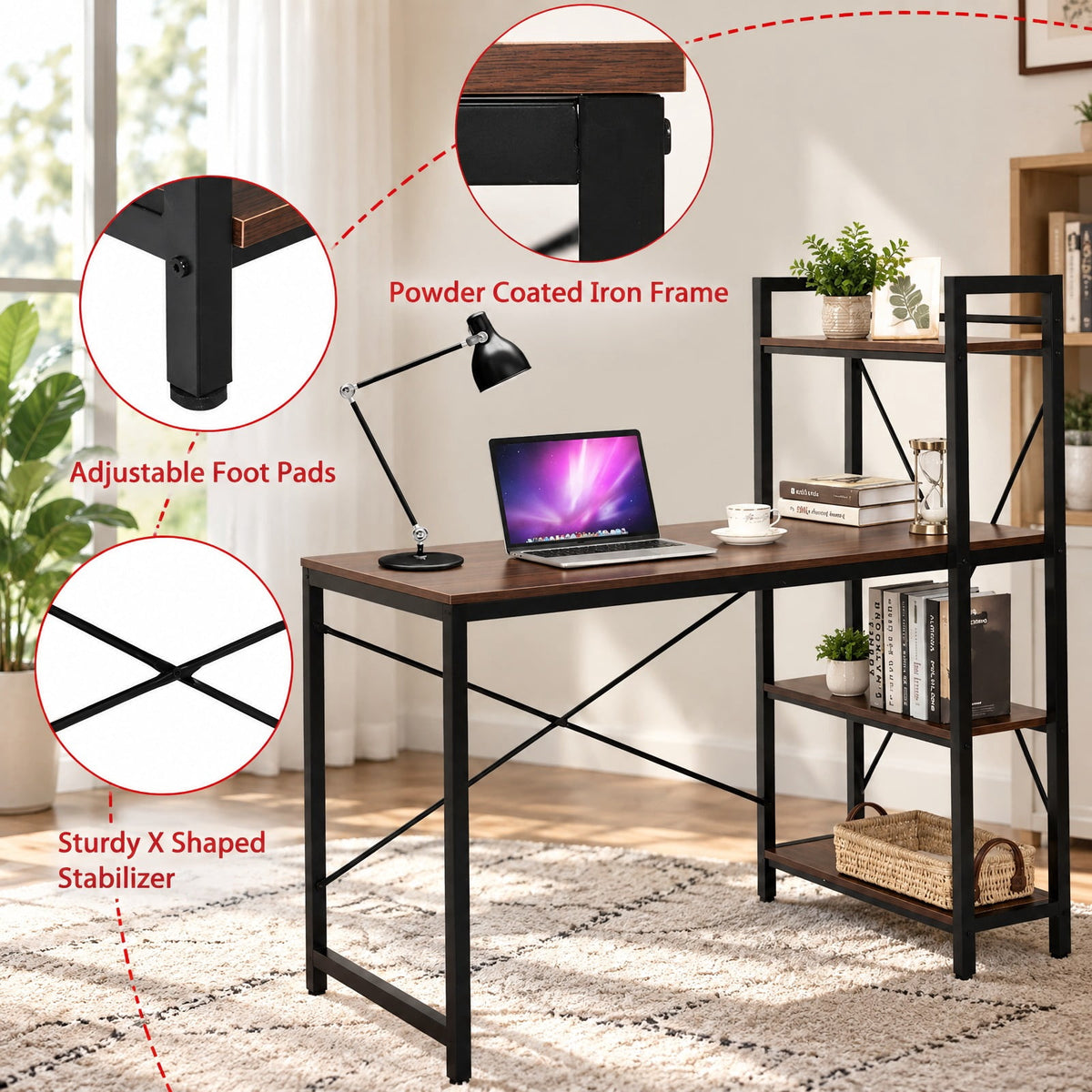Airfind 47.5 Inch Writing Study Computer Desk with 4-Tier Shelves, P2 MDF Iron Frame, Tan, Product size 47.5in x 24in x 48in (L x W x