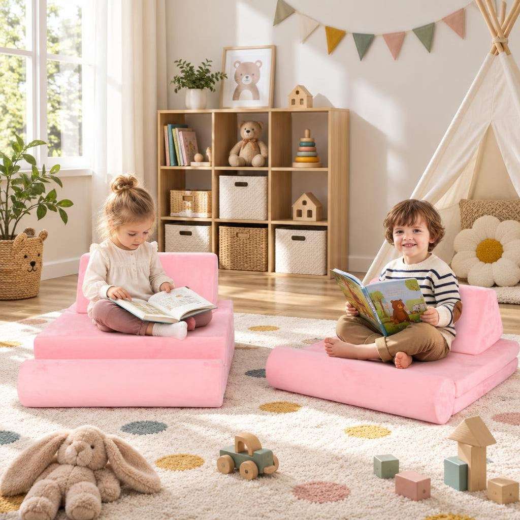 Airfind 8 Pieces Kids Play Couch Foam Building Fort Play Set with Suede Cover, Suede Fabric Sponge Frame, 63in x 31.5in x 19.5in Footprint, Pink