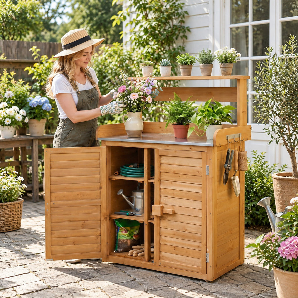 Airfind Wood Plant Workstation with Stainless Steel Tabletop and Removable Shelves, 110 lbs Storage Shelf Capacity, Fir Wood Stainless Steel Frame
