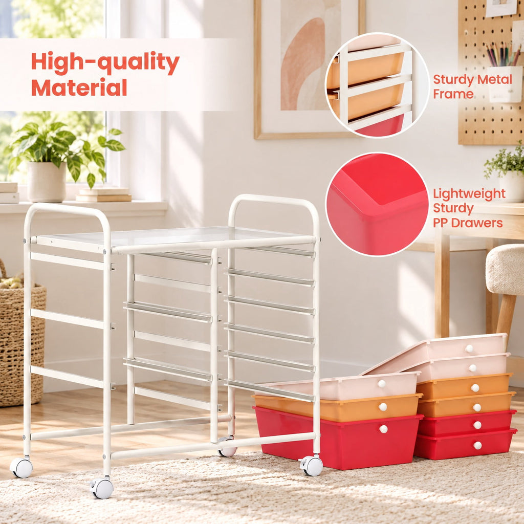 Airfind 9-Drawer Rolling Storage Cart with Colorful Drawers and Metal Frame, Metal Frame, 25 Inch x 14.5 Inch x 24.5 Inch (L x W x H) Large Drawer Footprint