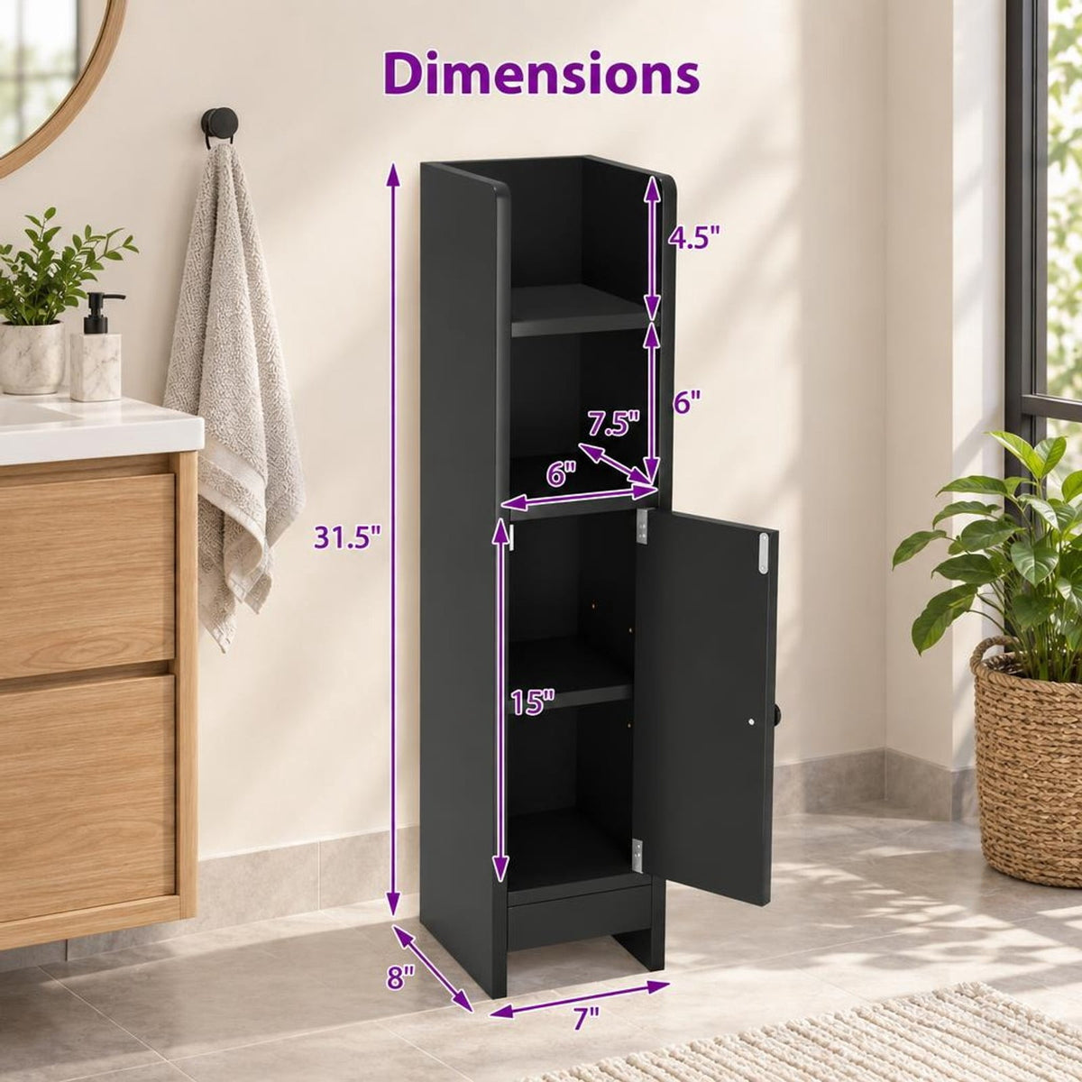 Airfind Bathroom Slim Cabinet Corner with Door and Adjustable Shelf, 44 lbs Capacity, Engineered Wood Frame, Black