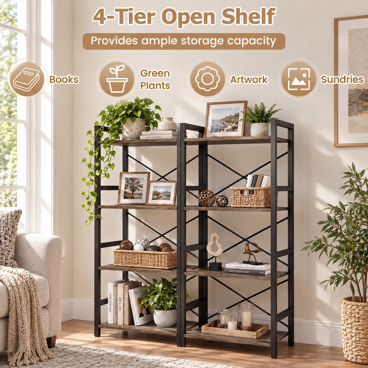 Airfind 4-Tier Bookshelf Narrow Freestanding Display Shelf with Metal Frame, 132 lbs Capacity, Engineered Wood Metal Frame, Rustic Brown + Black