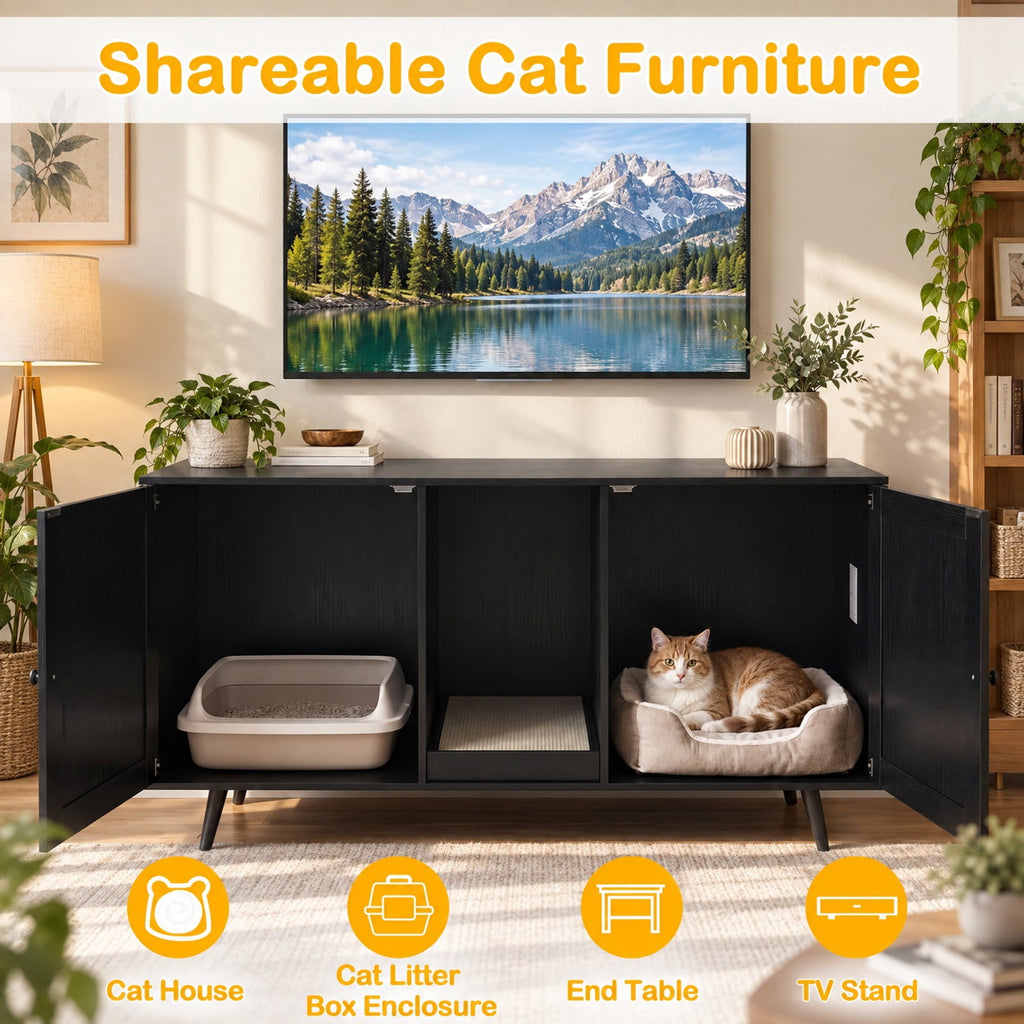 Airfind Double Cat Litter Box Enclosure for 2 Cats with Scratching Pad and Double Rooms, Engineered Wood Frame, Black