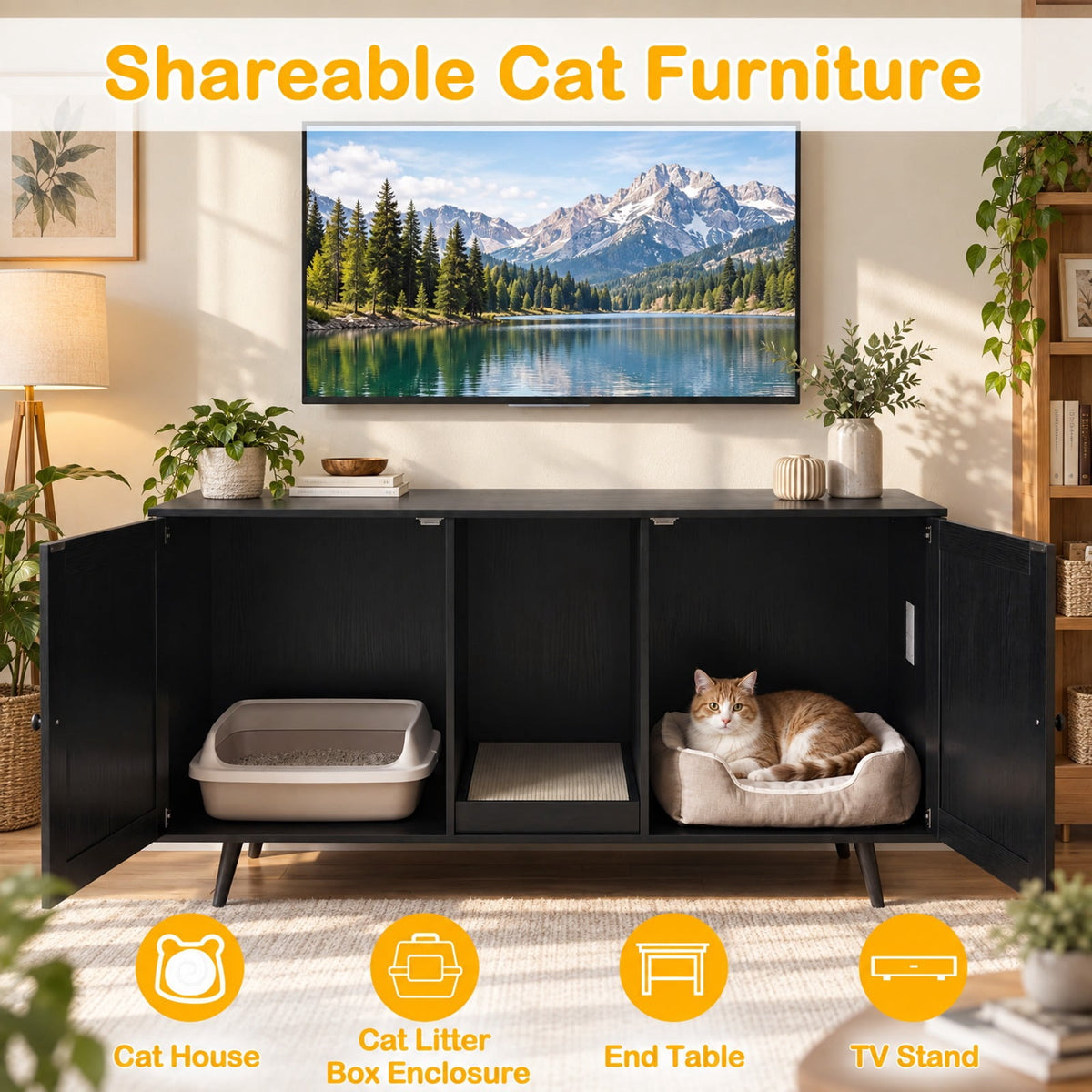 Airfind Double Cat Litter Box Enclosure for 2 Cats with Scratching Pad and Double Rooms, Engineered Wood Frame, Black