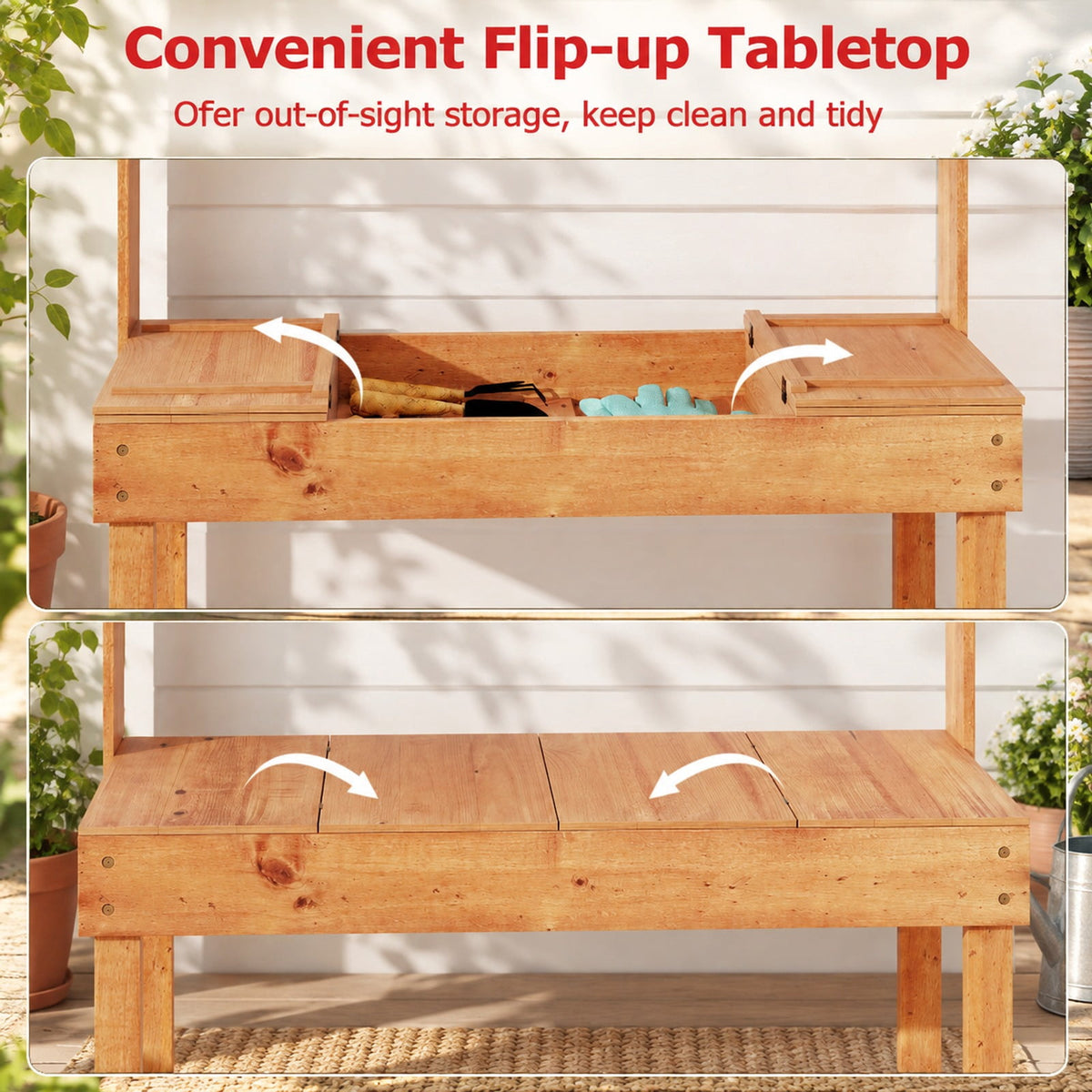 Airfind Wooden Potting Bench Table Garden Planting Workstation with 3-Tier Open Shelf, 22 lbs Capacity, Fir Wood Frame, Brown