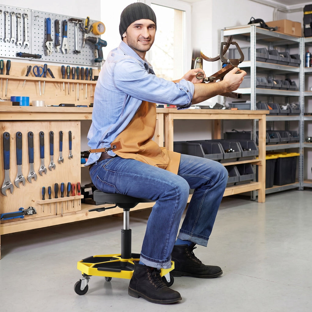 Airfind 330 LBS Capacity Pneumatic Rolling Mechanic Stool with Padded Seat, 20 x 20 x 16 inch Footprint, Yellow