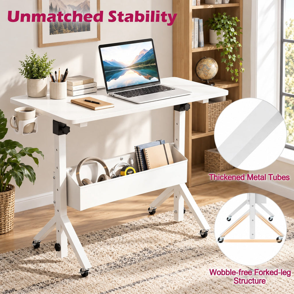 Airfind Mobile Standing Desk Height Adjustable Rolling Laptop Desk with Cup Holder Storage Basket, 110 lbs Capacity, White