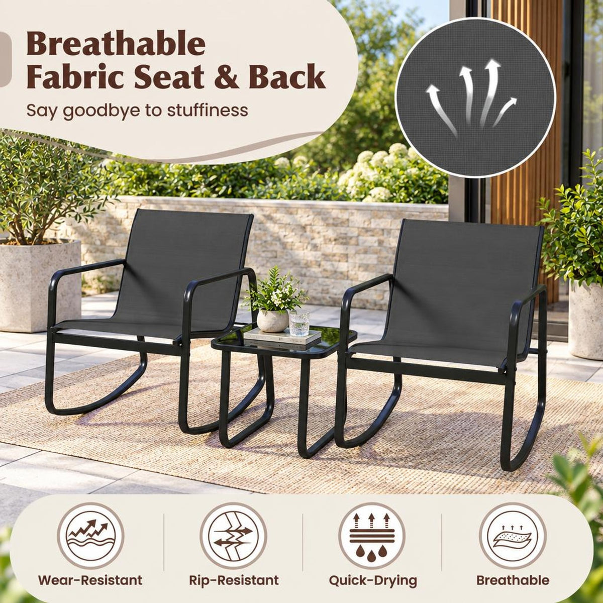 Airfind 2 Rocking Bistro Chairs and Glass-Top Table for Porch Yard Balcony, 330 lbs Capacity, Metal Fabric Tempered Glass Frame, Black