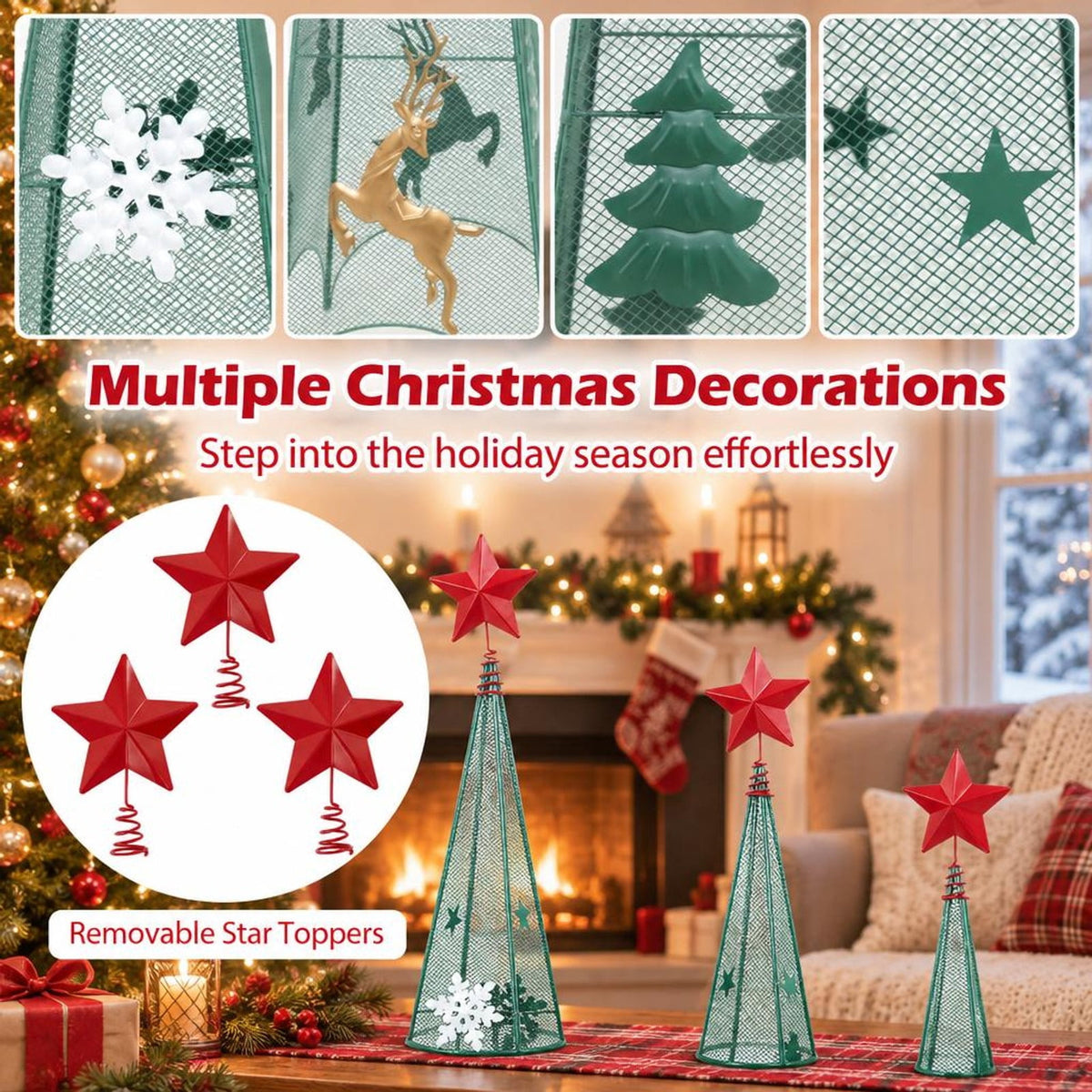 Airfind 3/3.5/4 Feet Set of 3 Tower Shaped Christmas Trees with Removable Star Toppers, Metal Small Frame, 9in x 9in x 37in Medium Footprint