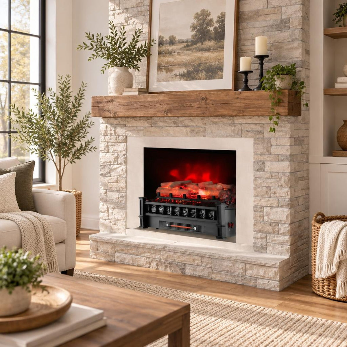 Airfind 20 Inch Electric Fireplace Heater with Realistic Birchwood Ember Bed, Black, Easy to operate with functional control panel