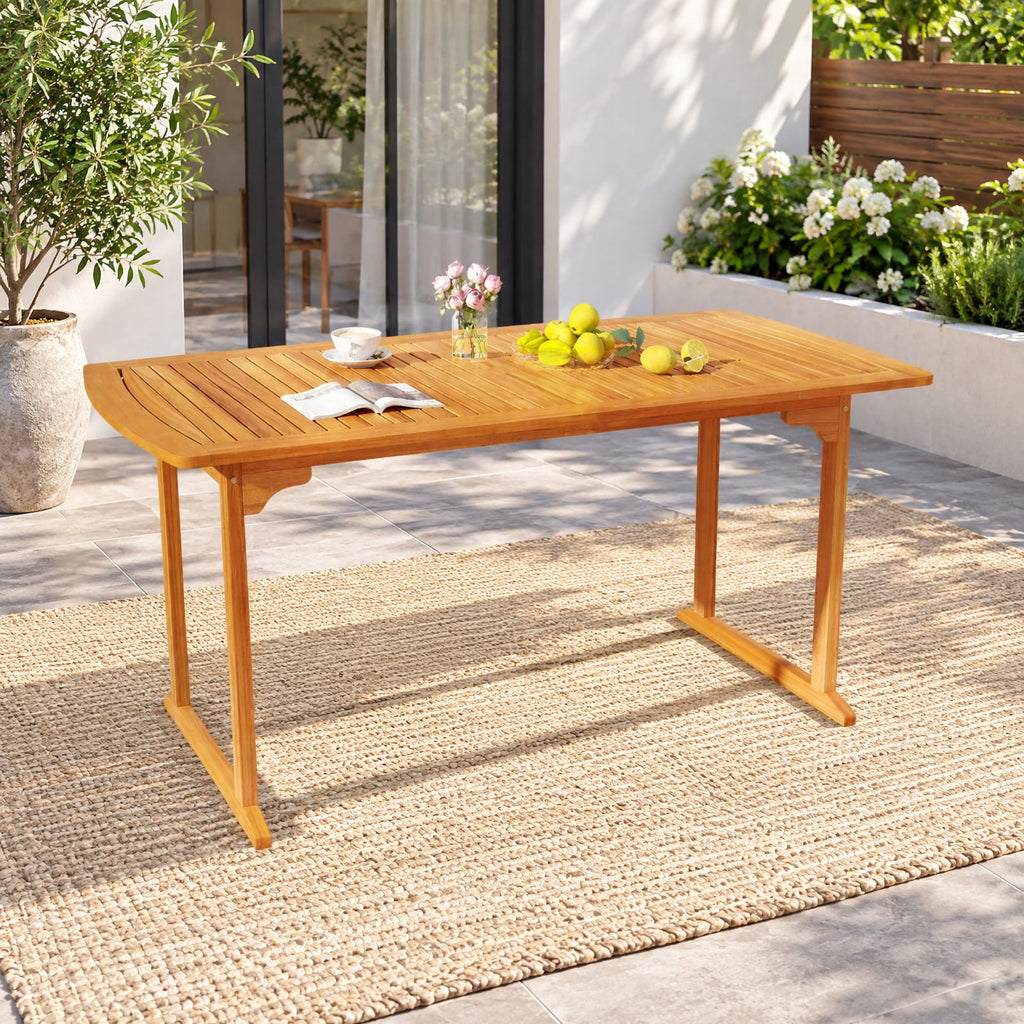 Airfind 63 inch Outdoor Dining Table with Umbrella Hole and Slatted Tabletop, 165 lbs Capacity, Acacia Wood Frame, 63 x 32 x 30 Footprint